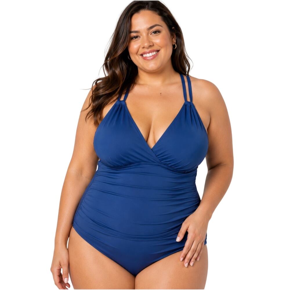 Jantzen NWT Pantheon Blue One Piece Tummy Control Ruched Strappy Swim Sporty 20W